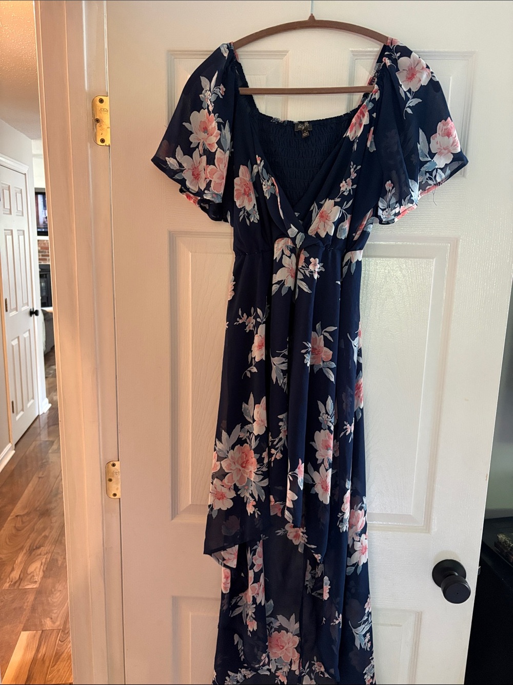 Lily Rose Navy Floral High-Low Maxi Dress with Pink Accents